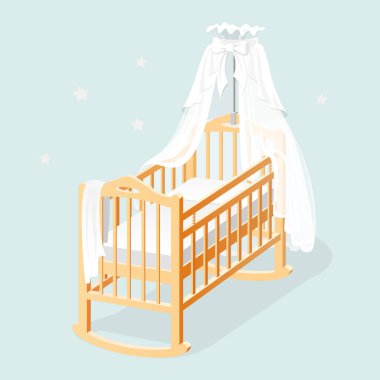 Beyaz kanopili, şilteli ve çarşaflı bebek karyolası..