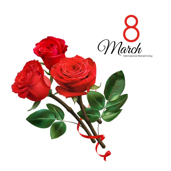 Marzo Festa Della Donna Modello Biglietto Auguri Rose Rosse Realistiche — Vettoriale Stock