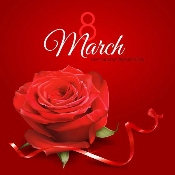 3月8日妇女日贺卡模板 现实的红玫瑰在红色背景下被隔离 — 图库矢量图片