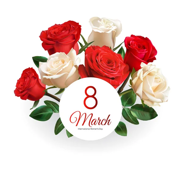 März Grußkarten Vorlage Zum Frauentag Realistische Rote Und Weiße Rosen — Stockvektor