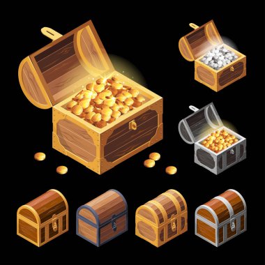 Siyah arka planda izole edilmiş kapaklı tahta göğüsler. Vektör karikatür yakın çekim illüstrasyonu. Isometric tarzı.