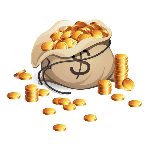 Çanta dolusu para. Altın para yığını. İş illüstrasyonu beyaz arkaplanda izole edildi.