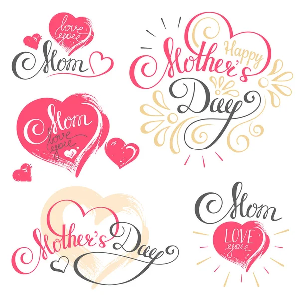 Happy Mother Day Calligraphy Hearts Isolated White Background — Stock Vector