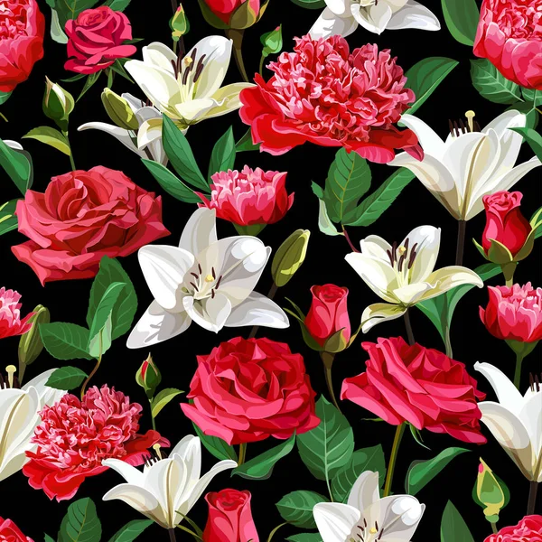 Siyah arka planda kusursuz çiçek deseni var. Güller, Şakayıklar ve Lilium.