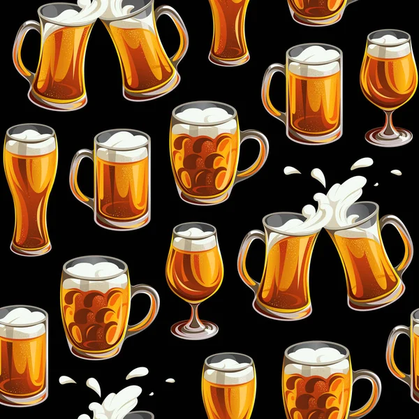 无缝隙的啤酒杯图案 酒杯和玻璃杯 配淡啤酒 黑色背景 — 图库矢量图片