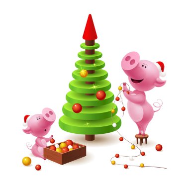 Banner with Family of Pig, Christmas Tree ve Dekor on White Background. 2019 Yeni Yıl.