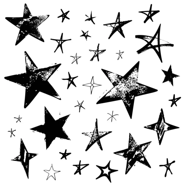 Beyaz arkaplanda karalama biçiminde siyah el çizilmiş vektör yıldızları kümesi. 