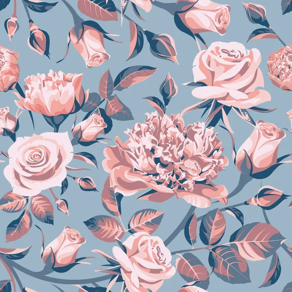 Gri arka planda pembe ve mavi güller olan kusursuz çiçek desenleri..