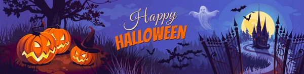 Cadılar Bayramı balkabakları ve mavi ay arka planında karanlık kale, illüstrasyon.