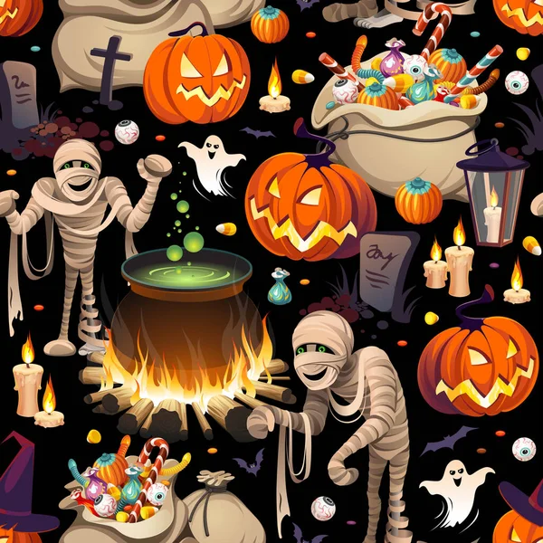 Kusursuz desen - balkabakları, mumyalar ve çocuklar için renkli Cadılar Bayramı şekerleri: şeker, çikolata, jöle siyah arka planda izole.