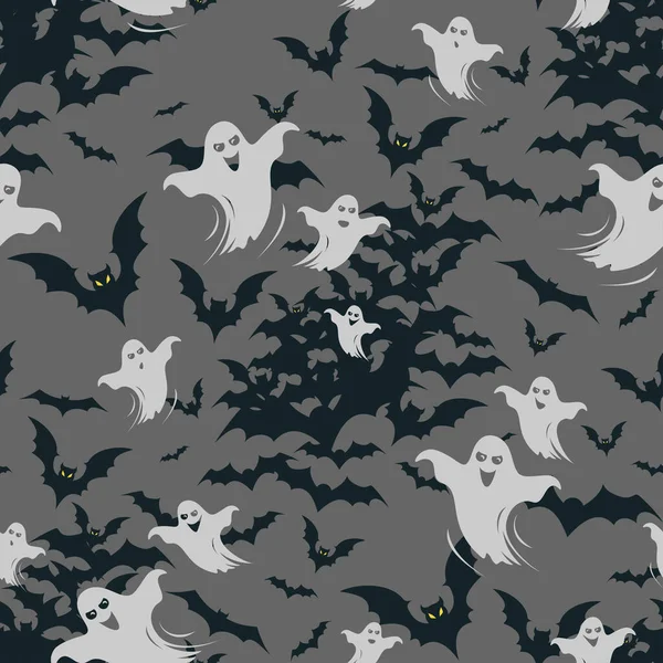 Gri arka planda yarasalar ve hayaletler olan kusursuz bir Cadılar Bayramı deseni..