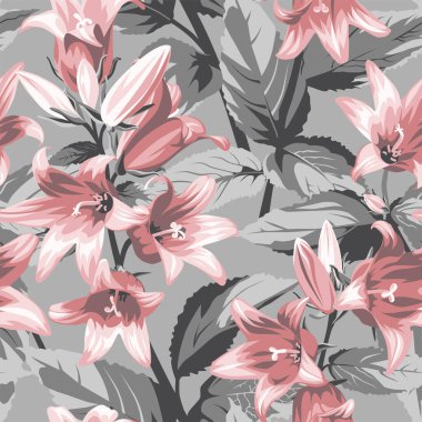  Gri arka planda pembe yapraklı kusursuz çiçek deseni var.. 