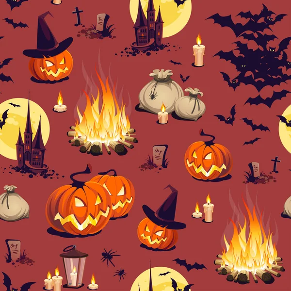 Padrão Sem Costura Abóboras Castelo Morcegos Outros Símbolos Halloween Fundo — Vetor de Stock