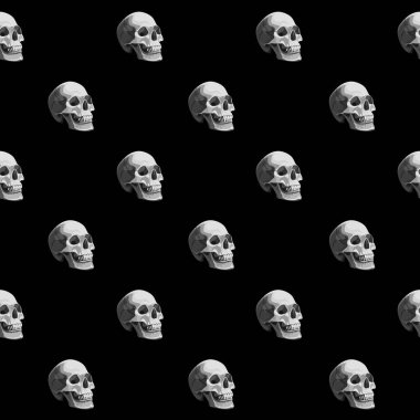 Siyah arka planda kafatasları olan kusursuz bir Cadılar Bayramı deseni..