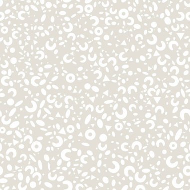 Basit beyaz geometrik şekillerden soyut, dikişsiz monokrom deseni: daireler, ovaller, üçgenler, gri arkaplanda halkalar.