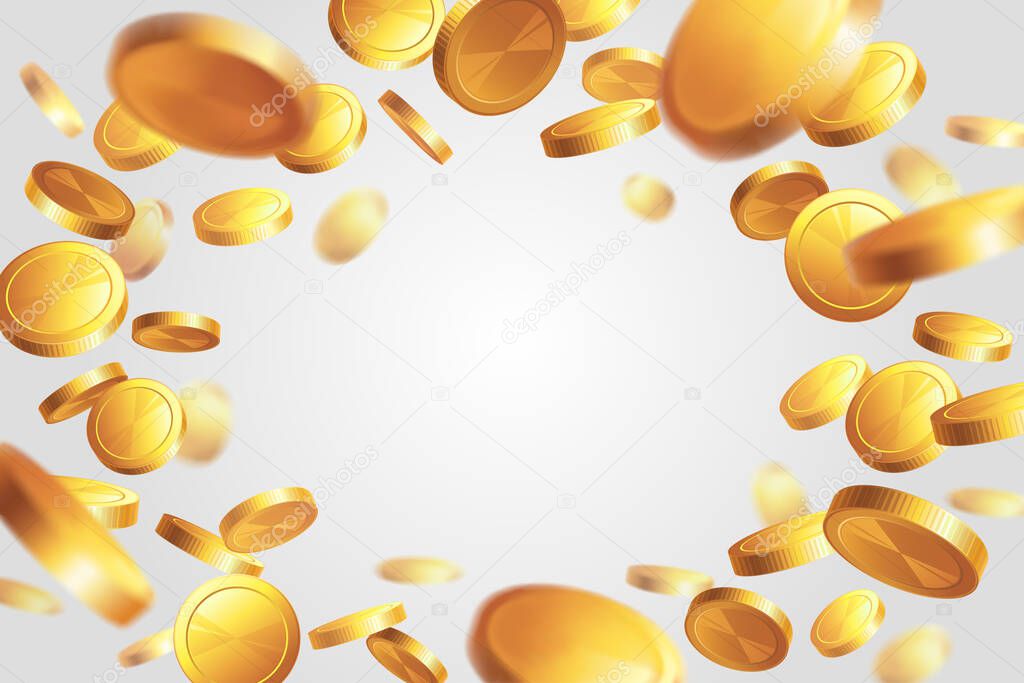 Frame with gold coins on light background. Rain of money. Jackpot or success concept. Illustration with place for text.