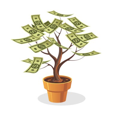 Seramik kaptaki yeşil banknotlar ağacı. Beyaz arka planda izole bir nesne. Paranın resmedilmesi.  