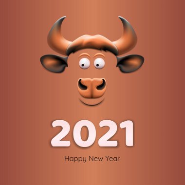 Banner - Mutlu Çin Yılı 2021. Kahverengi arka planda izole edilmiş boğa yüzlü şablon resmi. Ay burcu işareti boğa. 