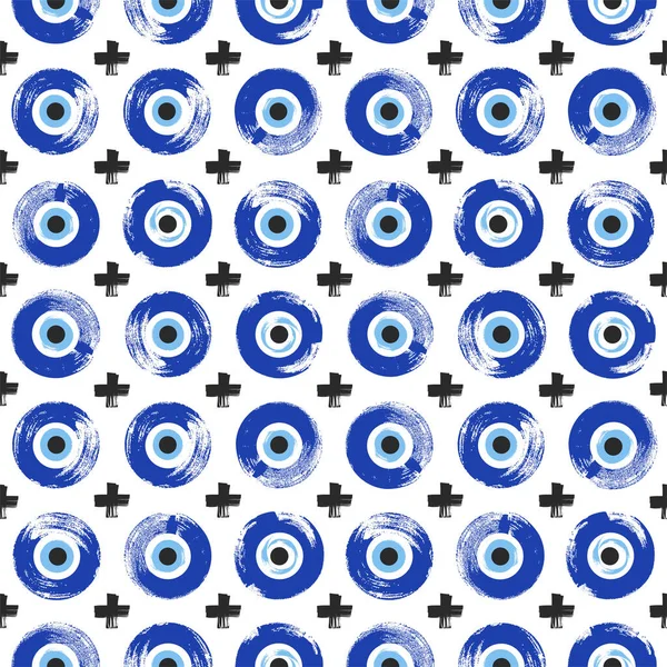 用手绘土耳其眼睛的无缝图案 保护的象征土耳其 塞浦路斯 克里特岛 背景与魔法物品 深蓝色的土耳其法蒂玛的眼睛 — 图库矢量图片
