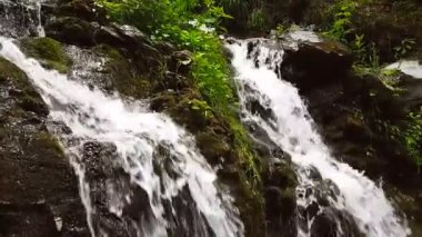 Ağır çekim bir küçük dağ şelale. Dağ dere taşları bir alt düşüyor.