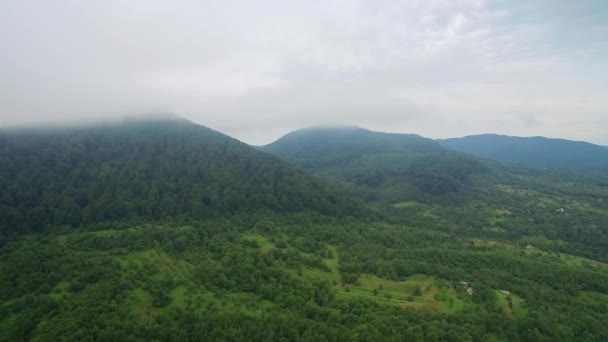 O voo acima das montanhas está coberto de nevoeiro. Fadas árvores verdes e jardins . — Vídeo de Stock