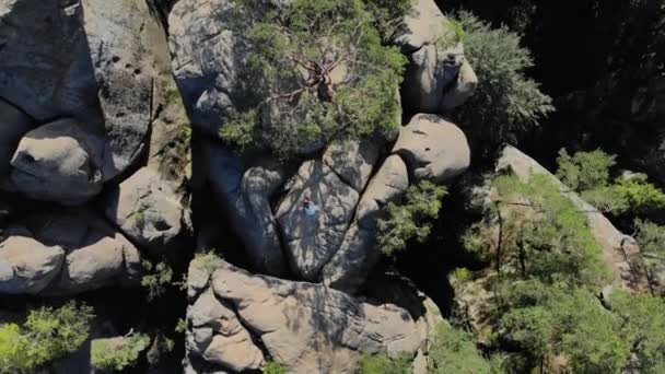 Aérea. Gran relieve de rocas entre el espeso bosque verde de las montañas — Vídeo de stock