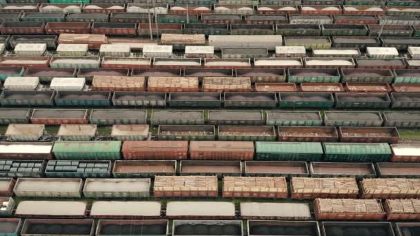 Vol aérien au-dessus des wagons de fret. Wagons de fret colorés à la gare de déchargement et de chargement des wagons de fret. Logistique — Video