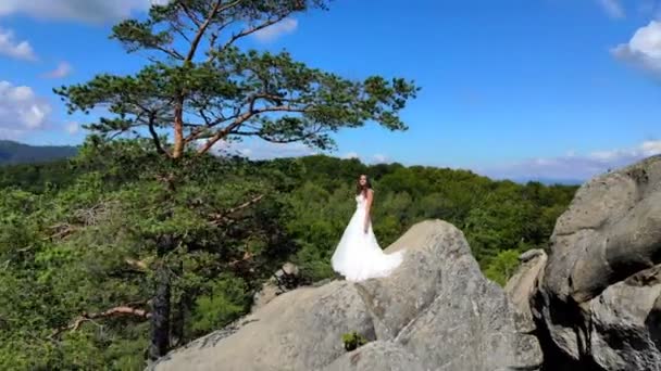 Dama de honor à beira do penhasco. Falésias altas cercam a noiva. A câmera voa lentamente e voa para longe da noiva. No fundo são montanhas maravilhosas — Vídeo de Stock