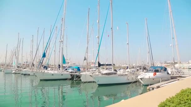 Clube de iates Maravilhosa manhã no porto de Valence. Iates estacionados estão balançando em ondas. Barcos à vela estão estacionados perto do porto do mar — Vídeo de Stock