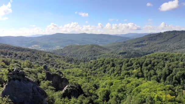 Drone powietrzne przelatują nad gór pokryte zielonym lesie, ogromne pasmo górskie Las. Aparat jest powoli rośnie i Wyświetlono panoramicznym widokiem na dolinę. — Wideo stockowe