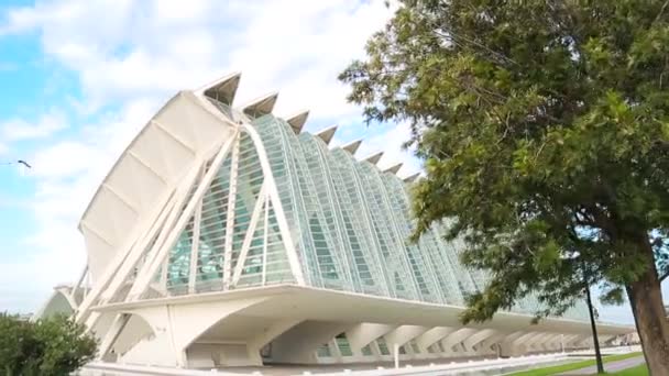 Valencia, Hiszpania - 10 września 2018: Miasto sztuki i nauki. Duże turysta jest otoczony przez duży park. Aparat porusza się po ulicach, Muzeum. — Wideo stockowe