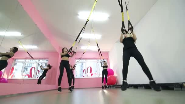 Eine Gruppe sympathischer Mädchen, die für Trainingsschleifen trx verwendet. Intensives Gruppentraining in der Turnhalle. — Stockvideo