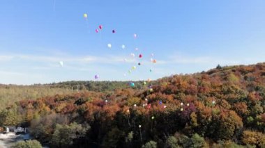 Renkli helyum balon gökyüzüne uçar. Havadan görünümü.