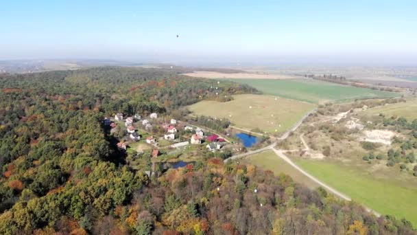 Bunte Heliumballons fliegen in den Himmel. Luftbild. — Stockvideo