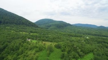 Dağların üzerinde uçuş sis ile kaplıdır. Peri yeşil ağaçlar ve bahçeler.