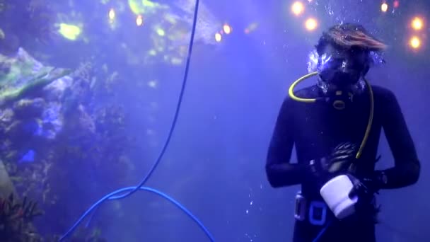 Le plongeur descend au fond d'un grand aquarium. Un grand nombre de bulles d'air autour de lui — Video