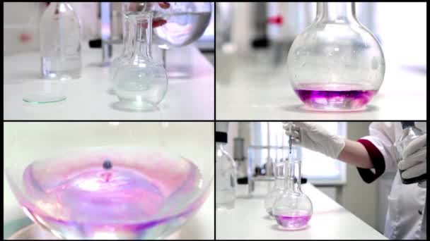 Een onderzoek van de collage van de waterkwaliteit in laboratoriumomstandigheden. Drop falls in de buis in een laboratorium close-up — Stockvideo