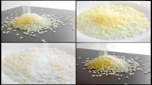 Collage weißer Reis gießt selektiert auf einen Teller, der sich dreht. Video Lebensmittel 360 — Stockvideo