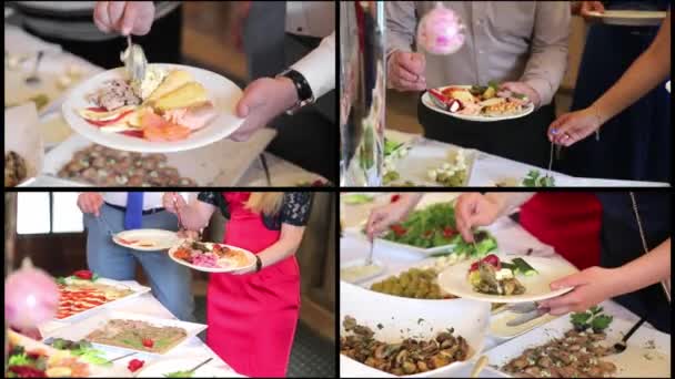 Collage mensen leggen voedsel. Catering. Salade leggen. Levensmiddelen distributie tabel. — Stockvideo