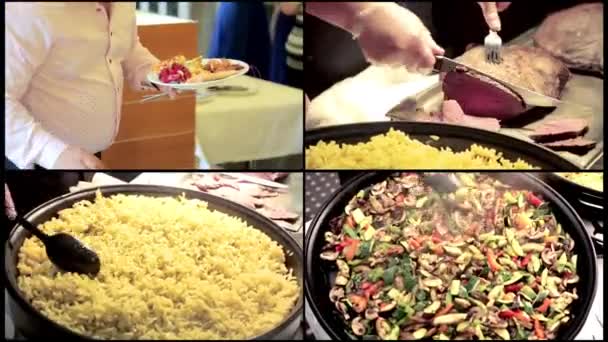 Collage läckra pan Wokad färgglada färsk grönsak förbereds. Köksmästaren blandar makaroner i en stor kastrull. Kocken skär bitar av kött — Stockvideo