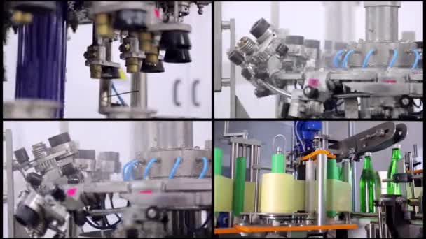 Collage Línea Producción Agua Las Botellas Vidrio Verde Mueven Automáticamente — Vídeo de stock