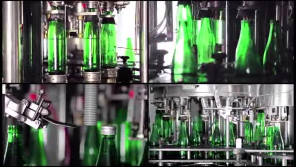Collage Línea de producción de agua. Las botellas de vidrio verde se mueven automáticamente a lo largo de las líneas de producción y se llenan con agua — Vídeos de Stock