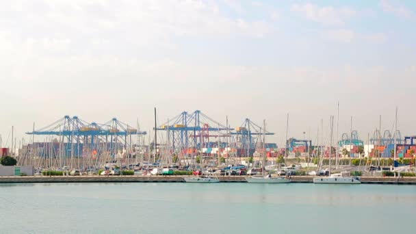 De grote lading haven van Valencia uit de verte. Ochtend in de haven, kijken in de verte. — Stockvideo
