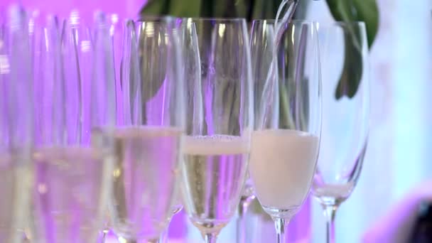 宴会上的服务员把香槟酒倒进杯子里. — 图库视频影像