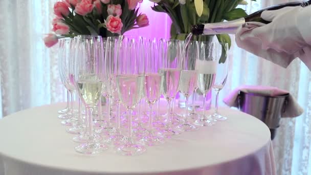 Ober op het feest giet champagne in glazen. — Stockvideo