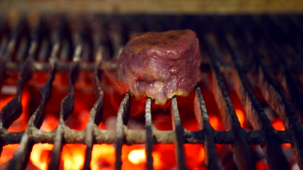 Cook vänder en bit kött på grillen. En färsk saftig bit fläsk rostas på kolen. Matlagning kött på grillen. — Stockvideo