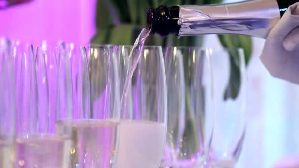 Ober op het feest giet champagne in glazen. — Stockvideo