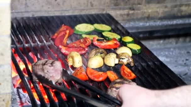 Carne, con verduras variadas en la parrilla de la barbacoa . — Vídeo de stock