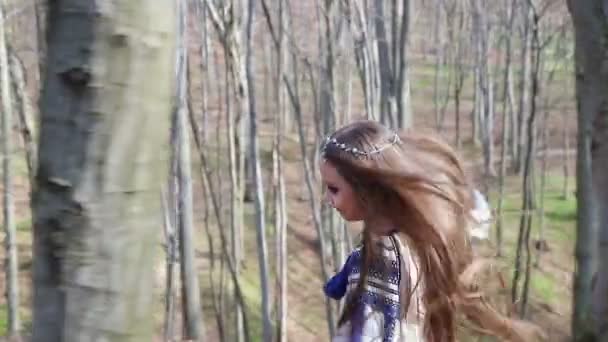 Een klein meisje in een licht blauwe jurk patronen lopen in het voorjaar bos — Stockvideo