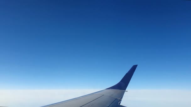 Blick aus dem Fenster des Flugzeugs. Die Tragfläche des Flugzeugs gegen den blauen Himmel und die weißen Wolken. Hintergrund — Stockvideo